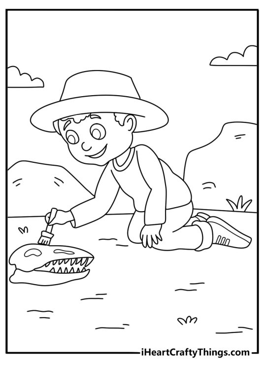 Baby dinosaur fossil dig scene with brush and bones coloring sheet