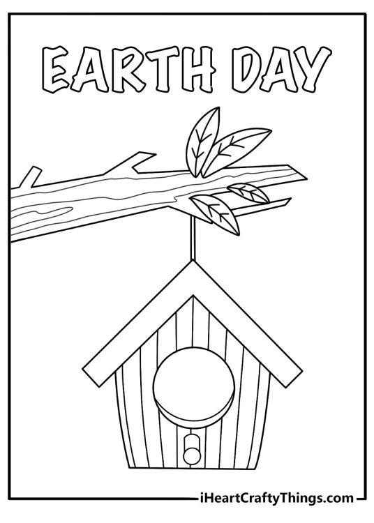 Birdhouse hanging from an oak branch Earth Day coloring page for kids