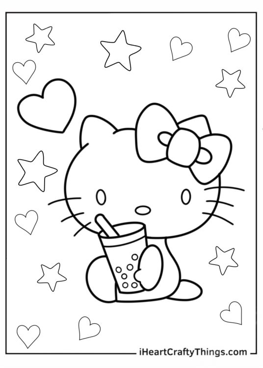 Boba Hello Kitty Coloring Page