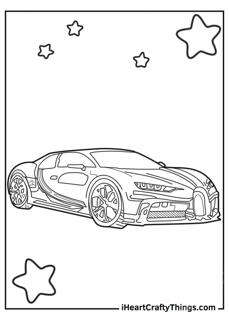Printable coloring page for children presenting Bugatti car surrounded by stars