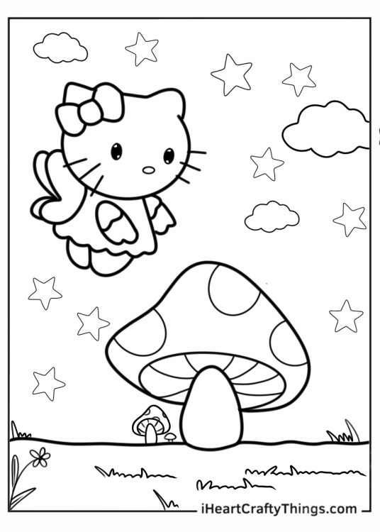 Butterfly Hello Kitty Hugging Mushroom To Color