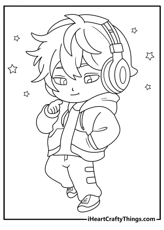 Chibi boy with headphones cute anime coloring pages