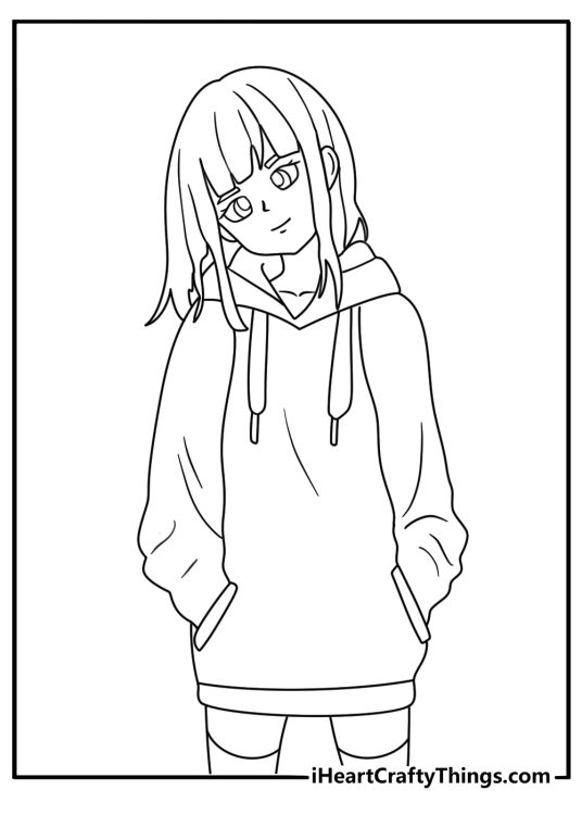 Chibi girl with oversized hoodie simple anime coloring sheet for kids