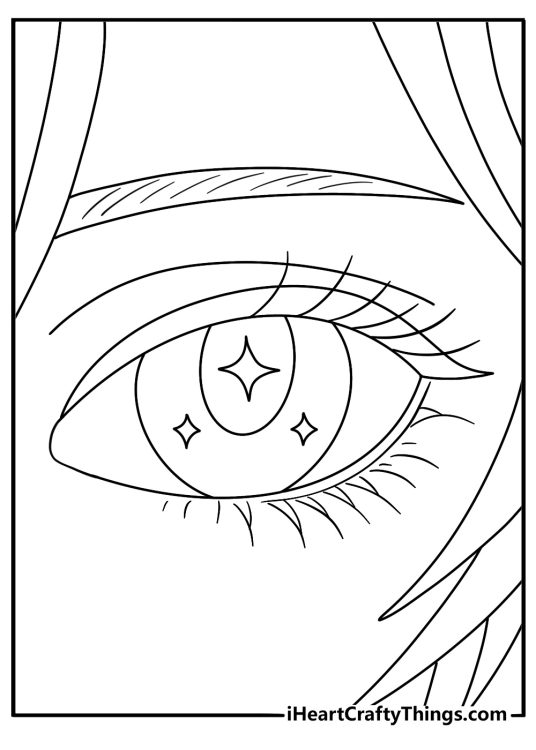 Close up anime eyes with stars and sparkles practice coloring sheet
