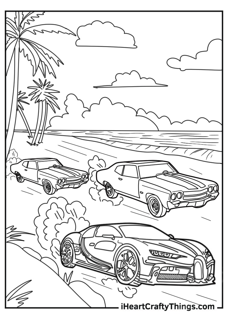 Car-themed poster depicting three racing cars on the move with sea and palm trees in the background