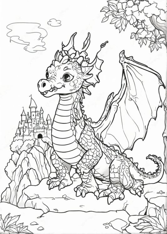 Coloring Sheet Of a Dragon Next To Castle