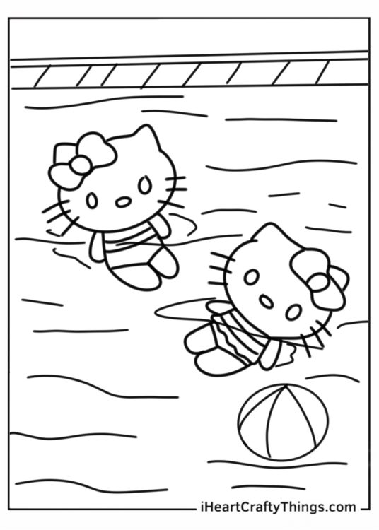 Coloring Sheet Of Hello Kitty And Mimmy In The Pool