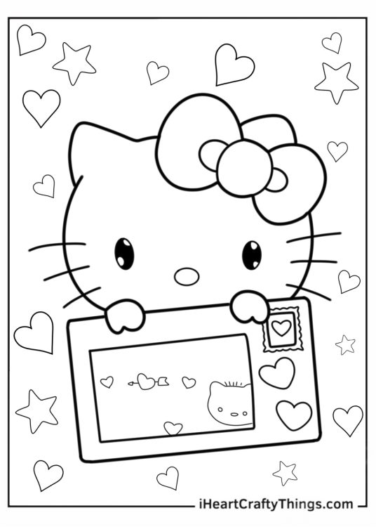 Coloring Sheet Of Hello Kitty With Valentine_s Day Card