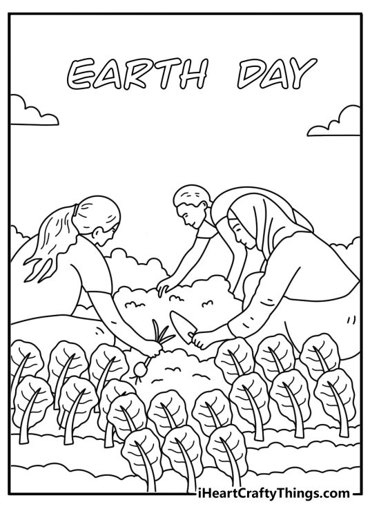 Community garden with vegetables growing in raised beds Earth Day coloring sheet