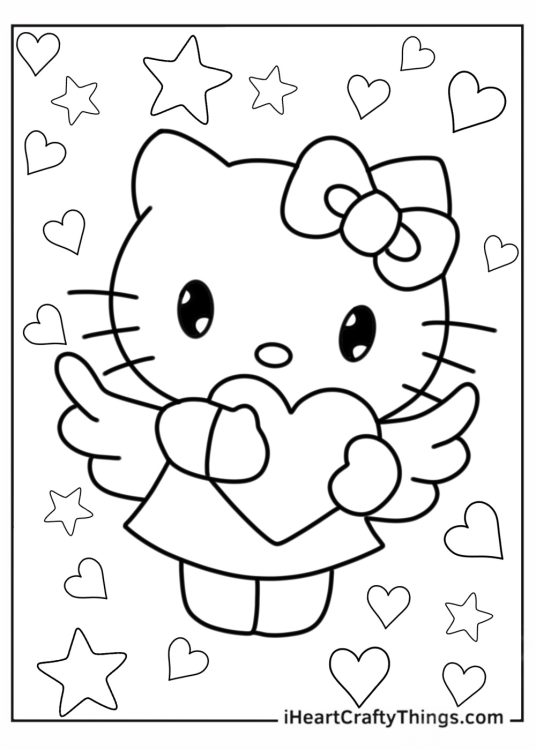 Cute Coloring Page Of Hello Kitty Holding Heart