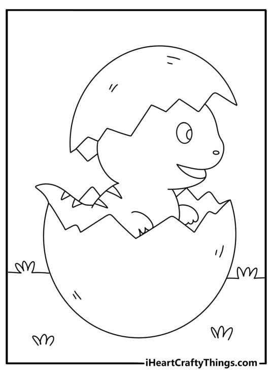 Cute baby dinosaur hatching from cracked egg simple coloring sheet