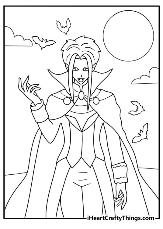 Dark vampire with cape and fangs anime halloween coloring sheet