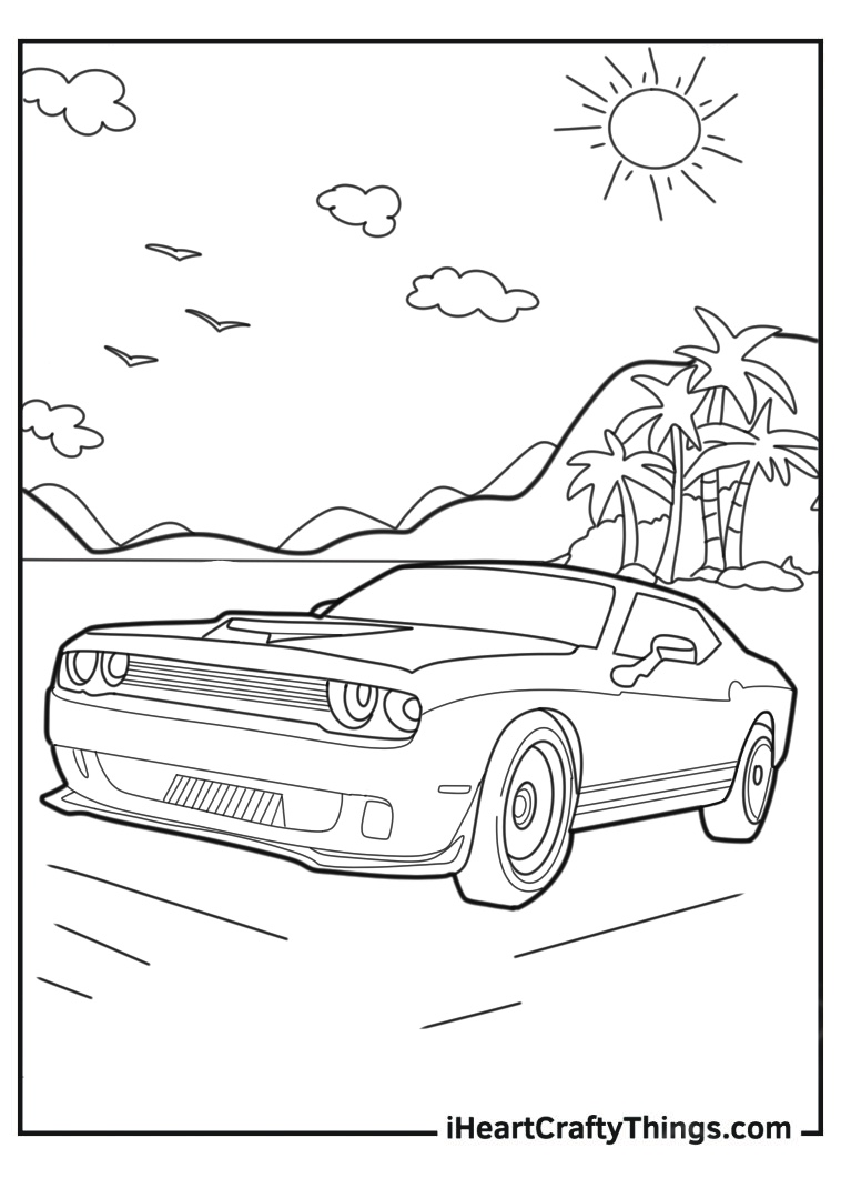 Car-themed printable presenting Dodge Challenger with palm trees and mountains in the background