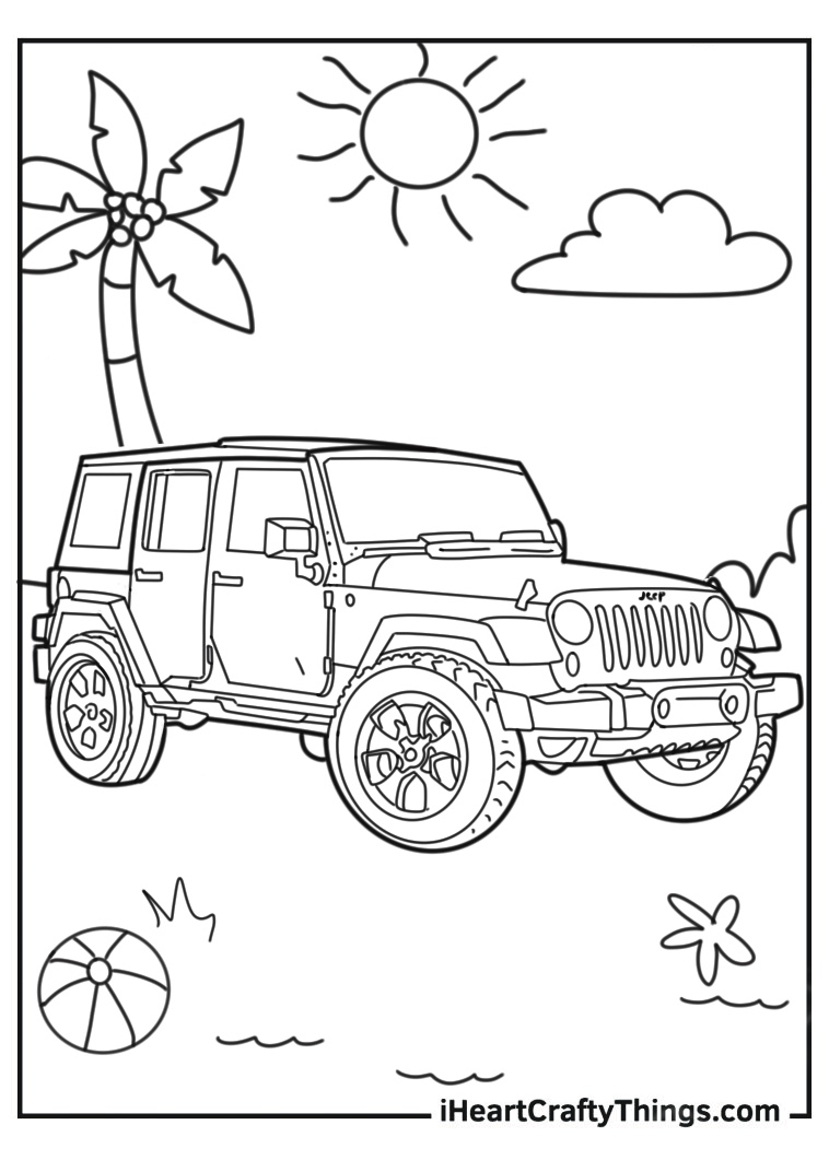 Car-themed coloring picture for kids featuring sturdy Jeep at the beach on a sunny day