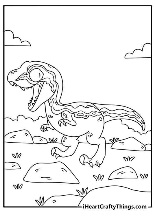 Detailed baby velociraptor exploring rocky ground coloring page