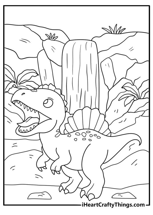 Detailed coloring page of baby spinosaurus near waterfall