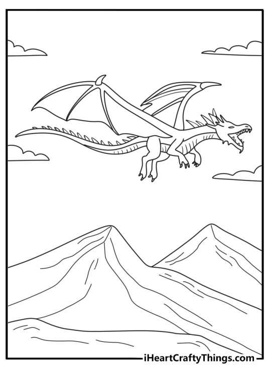 Dragon flying above mountains anime style coloring sheet