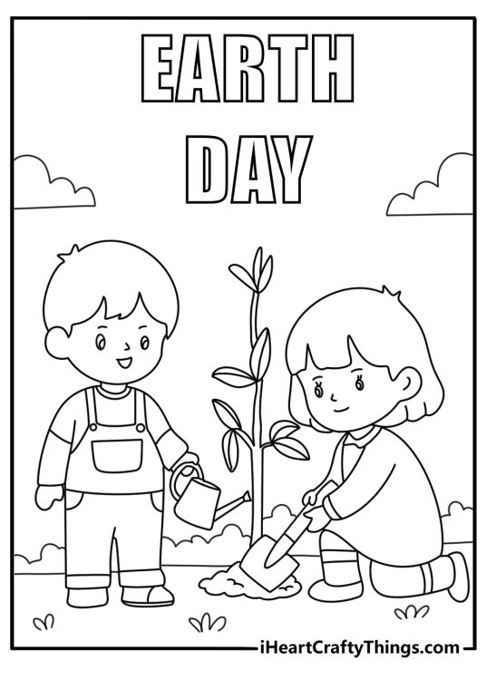 Earth Day coloring page with children planting a young tree in a city park
