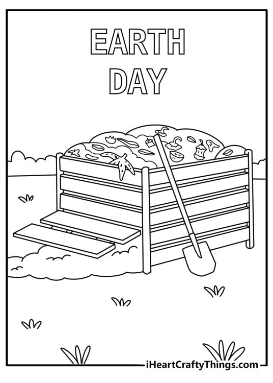 Earth Day coloring page with compost bin full of leaves and peels