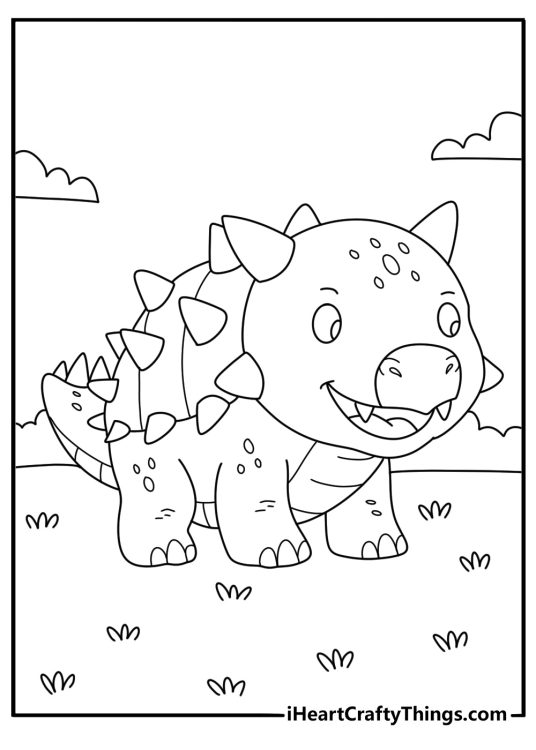 Easy baby ankylosaurus with armored back in grassy field