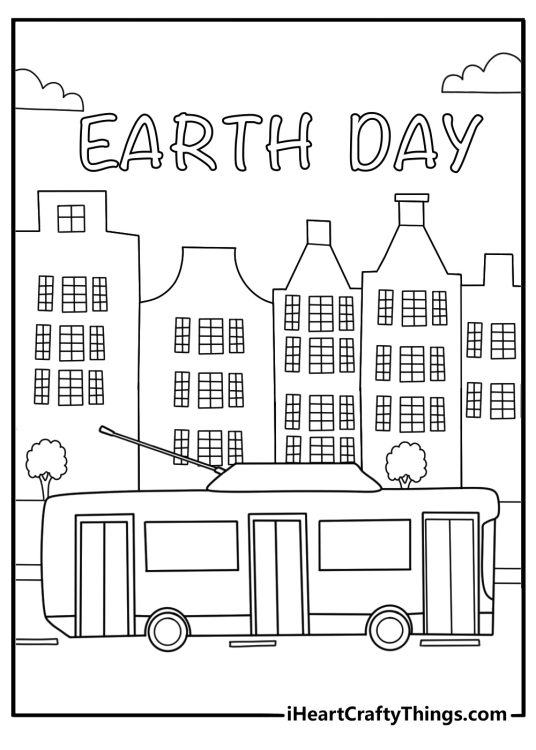 Electric bus driving along a green city street Earth Day printable coloring sheet