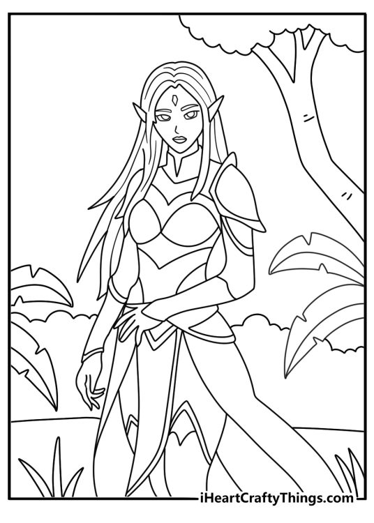 Elf with long ears in forest detailed anime coloring page for adults