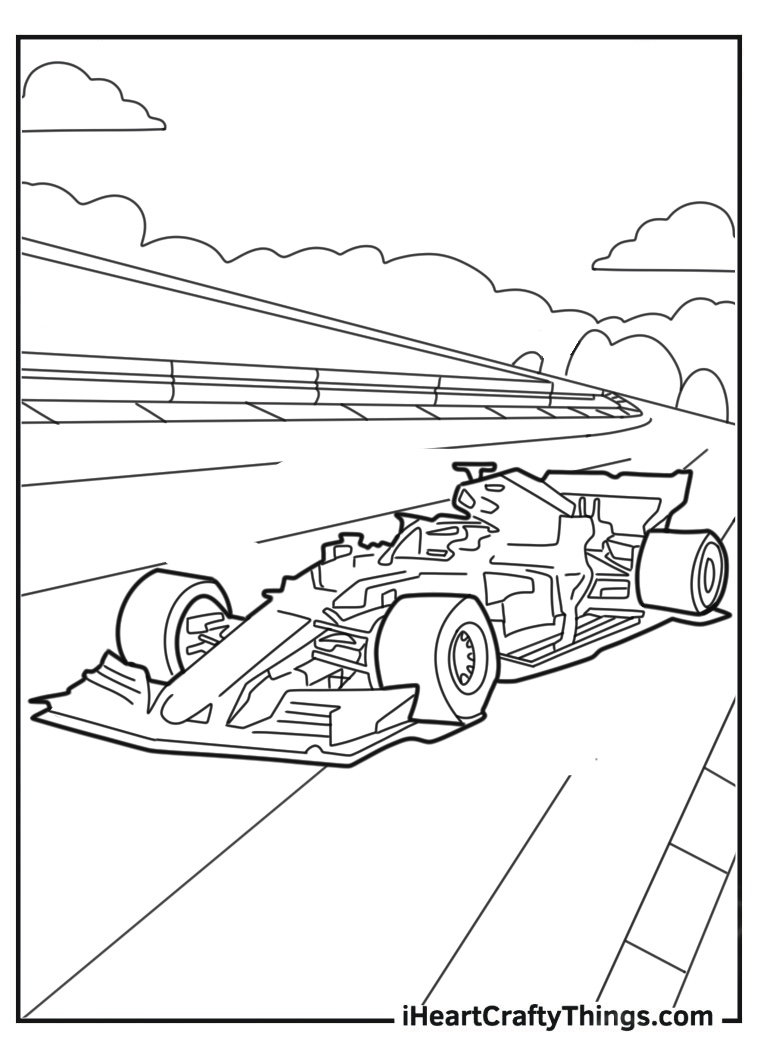 Printable image to color featuring intricate design F1 sports race car on the road