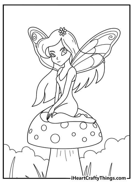 Fairy with wings sitting on mushroom cute anime sheet