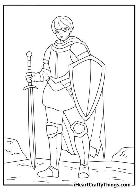 Fantasy knight in armor holding shield detailed anime printable sheet