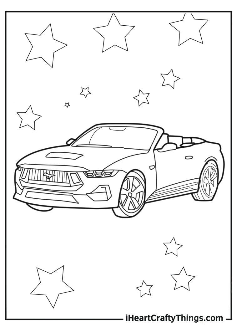 Car-themed coloring picture for kids featuring Ford Mustang with no roof surrounded by stars