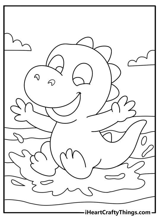 Free printable baby dinosaur splashing in shallow river