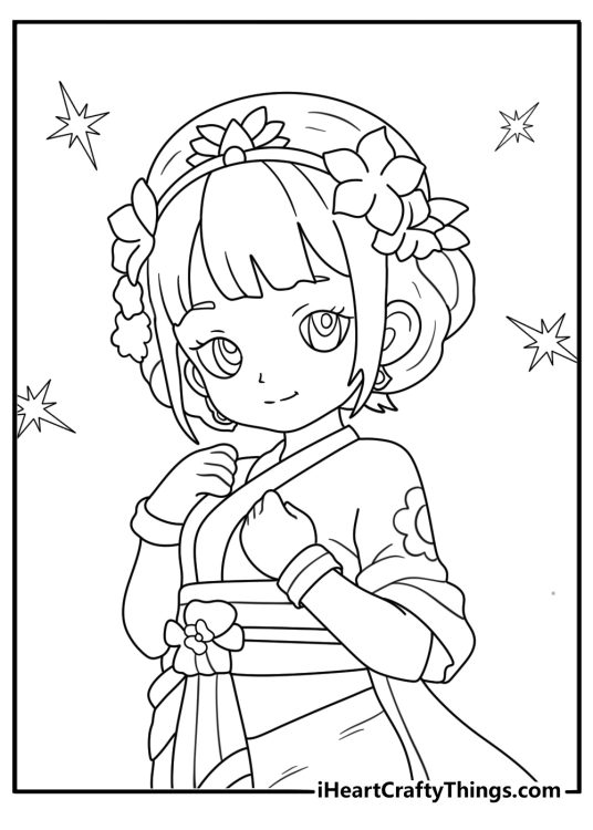 Girl in kimono with floral pattern japanese anime style coloring sheet