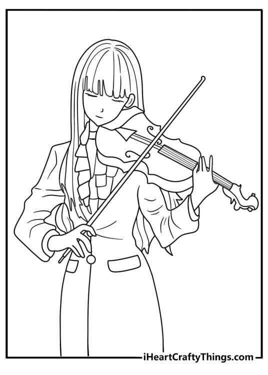 Girl playing violin anime style printable coloring sheet