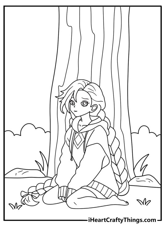 Girl with long braid sitting under tree easy anime coloring page
