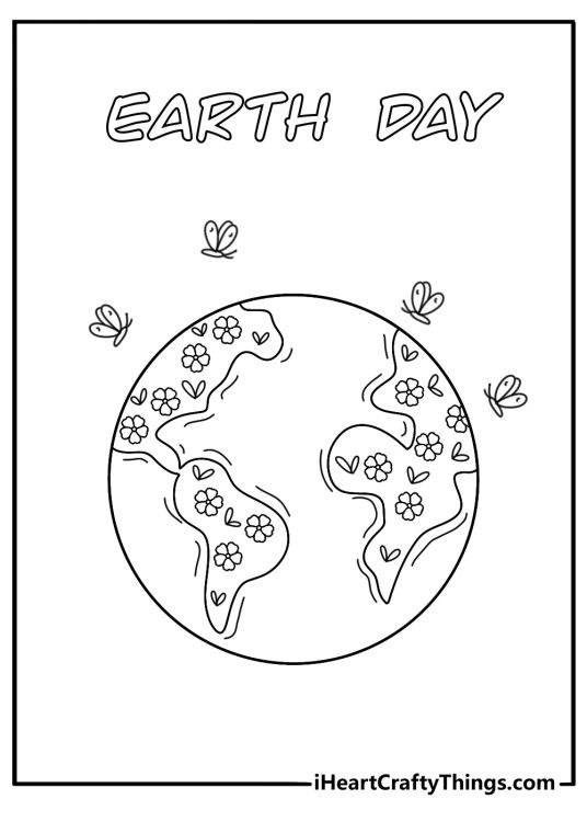 Globe shaped garden with butterflies flying above flowers Earth Day coloring page
