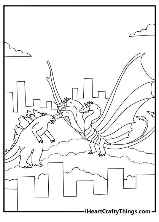 Godzilla battling King Ghidorah with wings spread coloring sheet