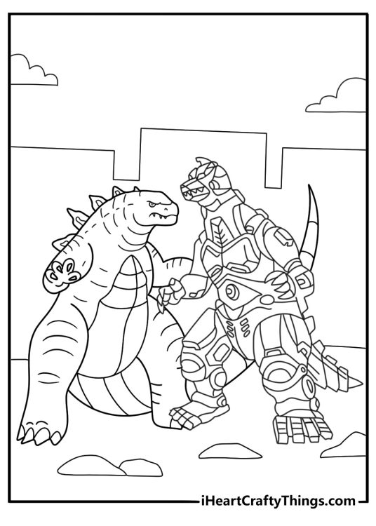 Godzilla battling Mechagodzilla in city ruins coloring sheet