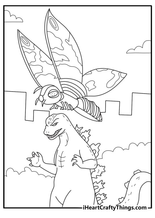 Godzilla fighting Mothra with wings flying overhead coloring page