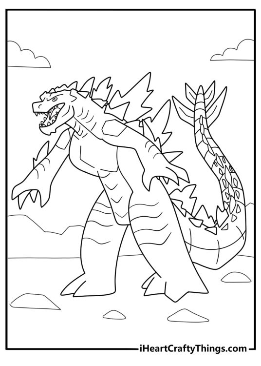 Godzilla roaring with tail raised high detailed coloring sheet