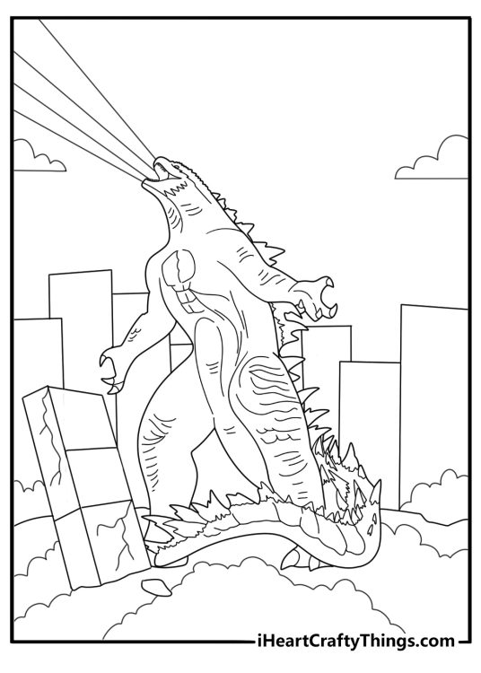 Godzilla standing above city buildings releasing atomic breath coloring sheet