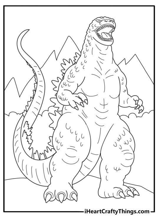 Godzilla standing on mountain roaring into sky coloring page