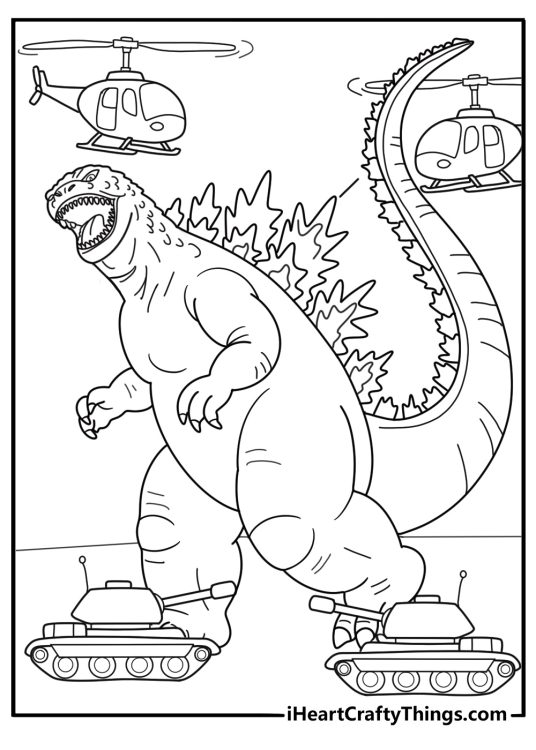 Godzilla surrounded by military tanks and helicopters coloring page