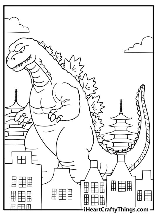Godzilla towering over Tokyo city lights night scene coloring sheet