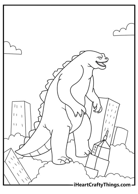 Godzilla walking through destroyed city skyscrapers coloring page
