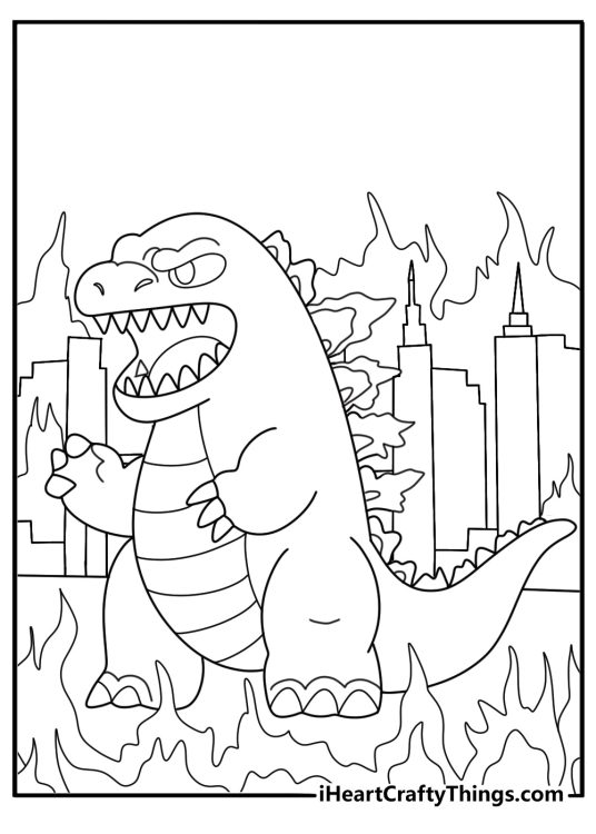 Godzilla with crocodile like spikes on back in burning city coloring pdf
