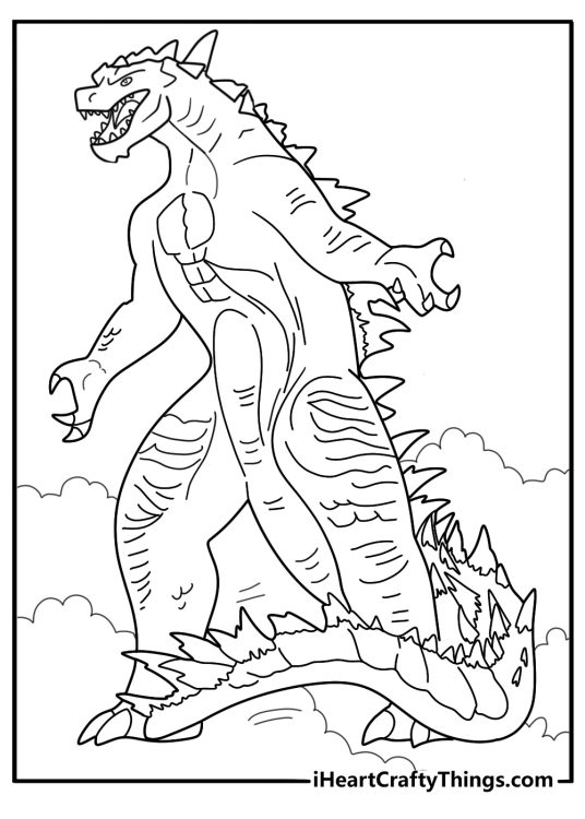 Godzilla with huge tail smashing ground coloring sheet