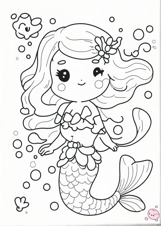 Kawaii Mermaid Coloring In For Kids
