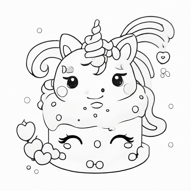 Kawaii Themed Unicorn Cake Coloring Page