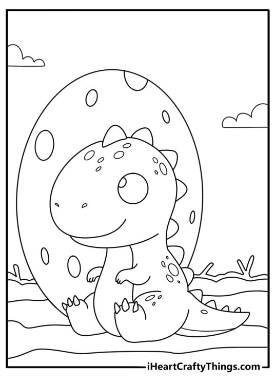 Kawaii baby dinosaur sitting in a nest with large eggs