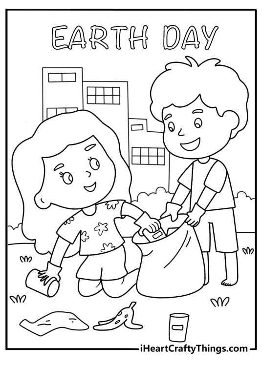 Kids picking up trash in a park Earth Day coloring page